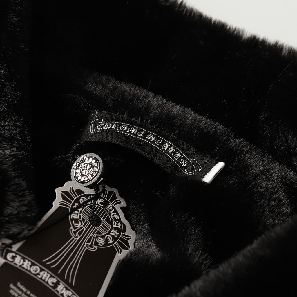 Faux Fur Cross Varsity Jacket - Black White Gothic Streetwear 035