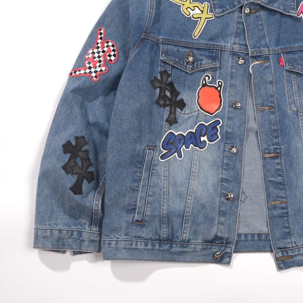 Patchwork Denim Jacket - Vintage Blue Gothic Street Jacket 0789